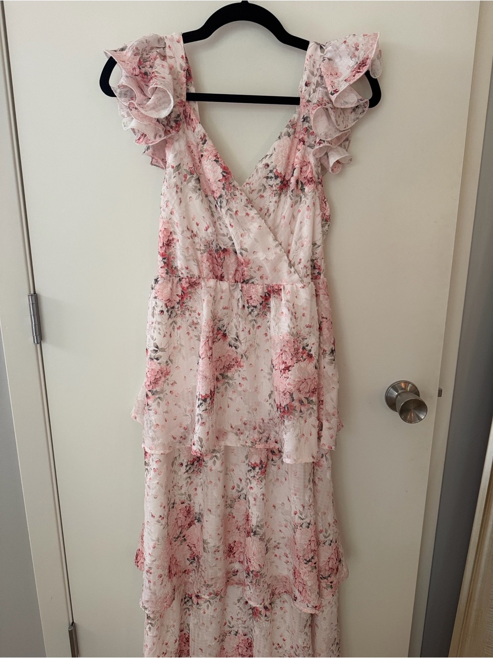 Lulu's Pink Floral Ruffle Tiered High-Low Maxi Dress